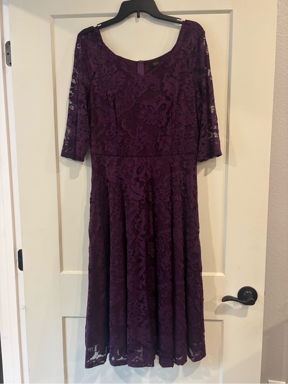 Women's Purple Lace A-Line Midi Dress with Three-Quarter Sleeves